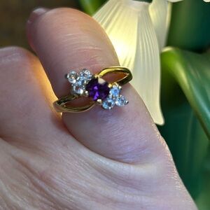 Electroplated 14k gold with purple and clear stones